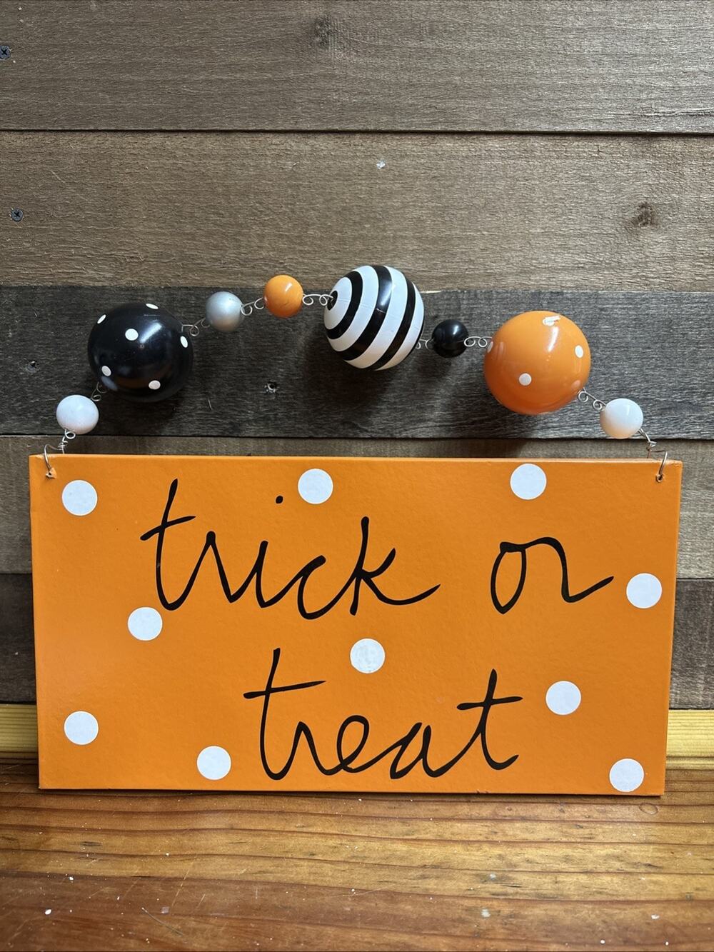 Trick Or Treat Whimsical Orange Black White Door Wall Sign 15” Long